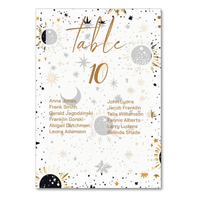 Celestial Wedding Table Numbers With Guest Names (Front)