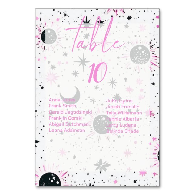 Celestial Wedding Table Numbers With Guest Names (Front)