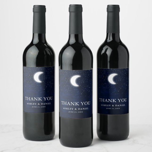 Celestial Wedding Watercolor Blue Sky Moon Stars Wine Label (Bottles)