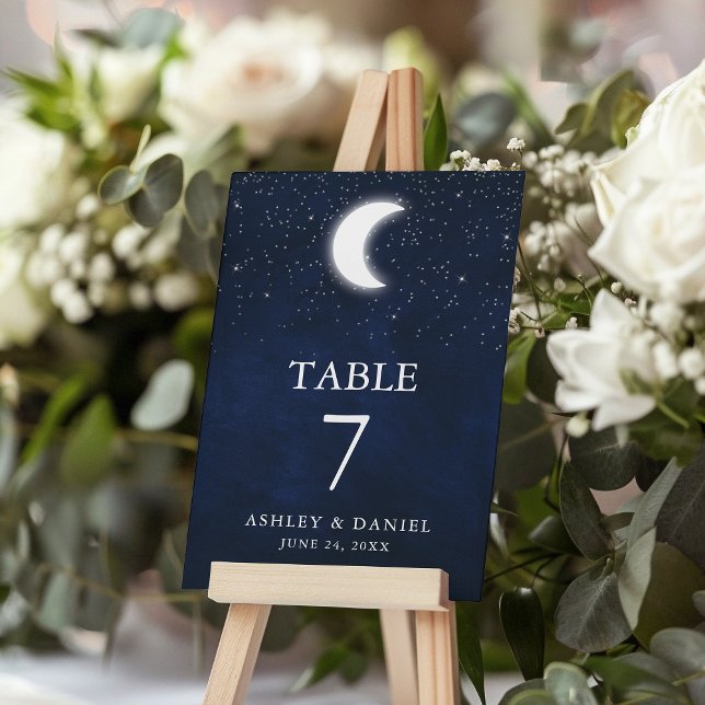 Celestial Wedding Watercolor Blue Sky Stars Moon Table Number (Customize to change text size or text style.)