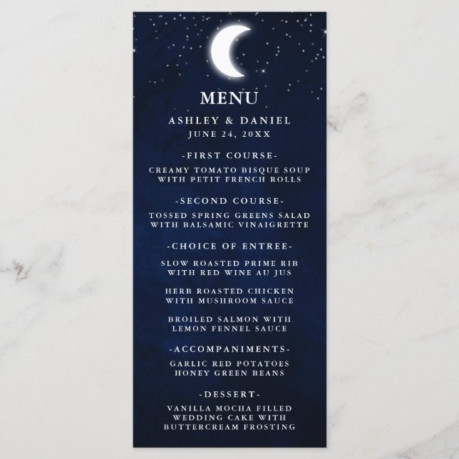 Celestial Wedding Watercolor Moon Stars Menu (Front)