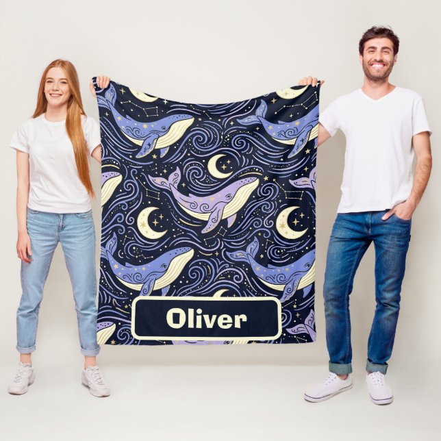 Celestial Whale with Mystical Moon and Stars Fleece Blanket (In Situ)