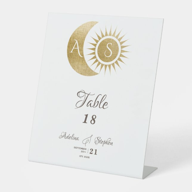 Celestial White Gold Sun Moon Crest Table Sign (Front)