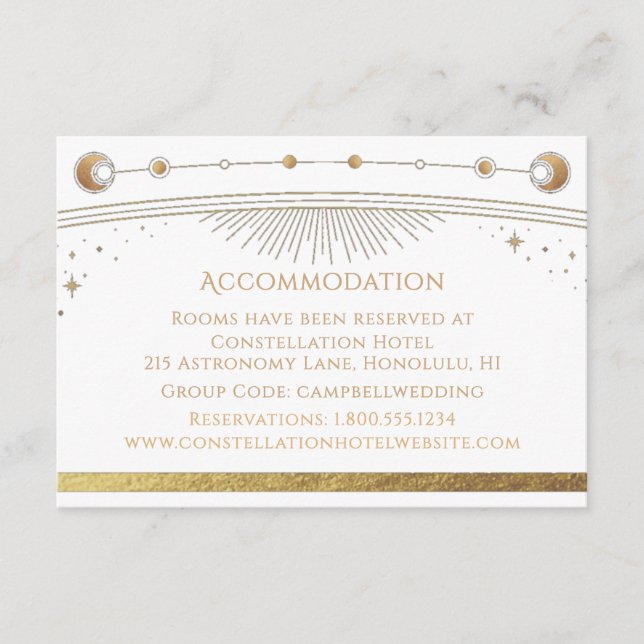 Celestial White Gold Sun Moon Stars Accommodation Enclosure Card (Front)