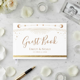 Celestial White Gold Sun Moon Stars Wedding Guest Book