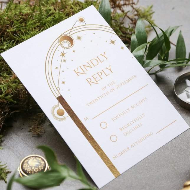 Celestial White Gold Sun Moon Stars Wedding RSVP Card (Creator Uploaded)