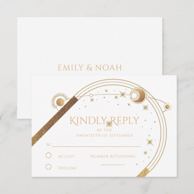 Celestial White Gold Sun Moon Stars Wedding RSVP Card (Front/Back)