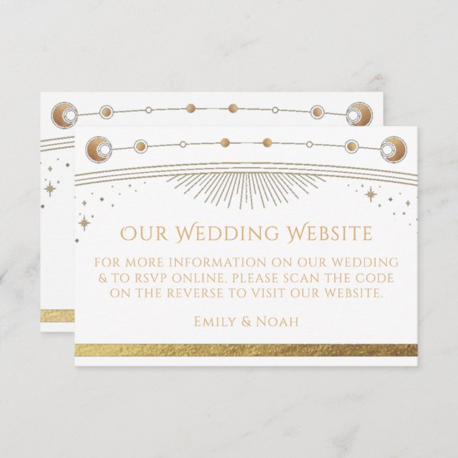 Celestial White Gold Wedding Website RSVP QR Code Enclosure Card (Front/Back)