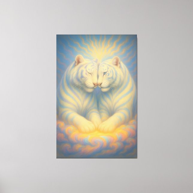 Celestial White Tiger Lovers – Divine Sky Aura Art Canvas Print (Front)