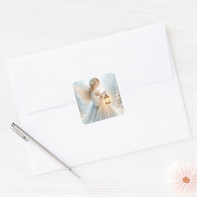 Celestial Winter Angel Lantern of Comfort Square Sticker (Envelope)