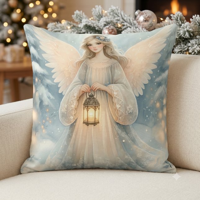 Celestial Winter Angel Lantern of Grace Cushion (Celestial Winter Angel Lantern of Grace Throw Pillow)