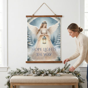 Celestial Winter Angel Lantern of Grace Hanging Tapestry