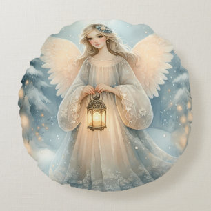 Celestial Winter Angel Lantern of Grace Round Cushion