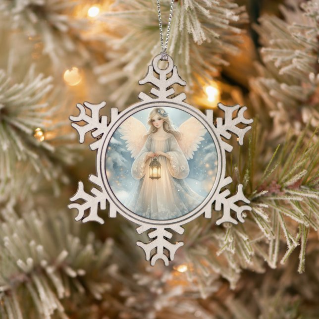 Celestial Winter Angel Lantern of Grace Snowflake Pewter Christmas Ornament (Tree)