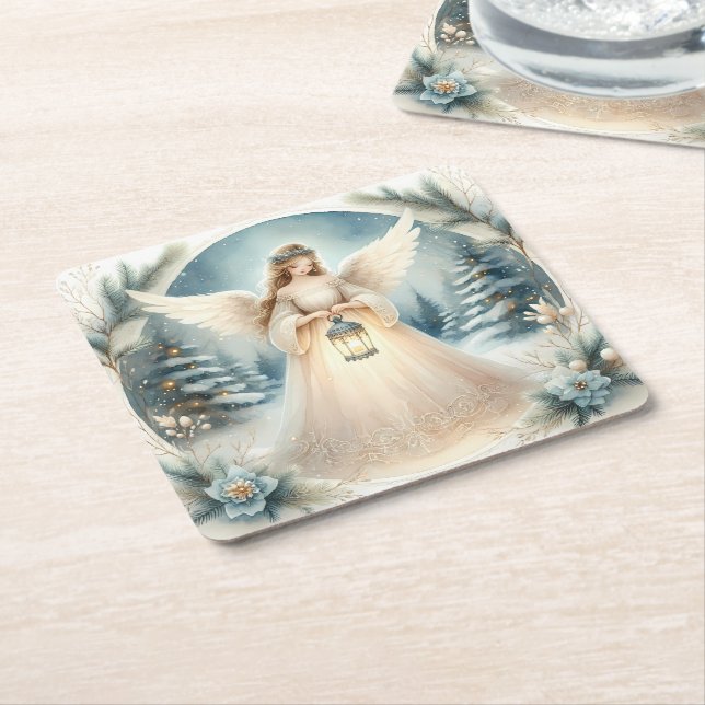 Celestial Winter Angel Lantern of Hope Square Paper Coaster (Angled)