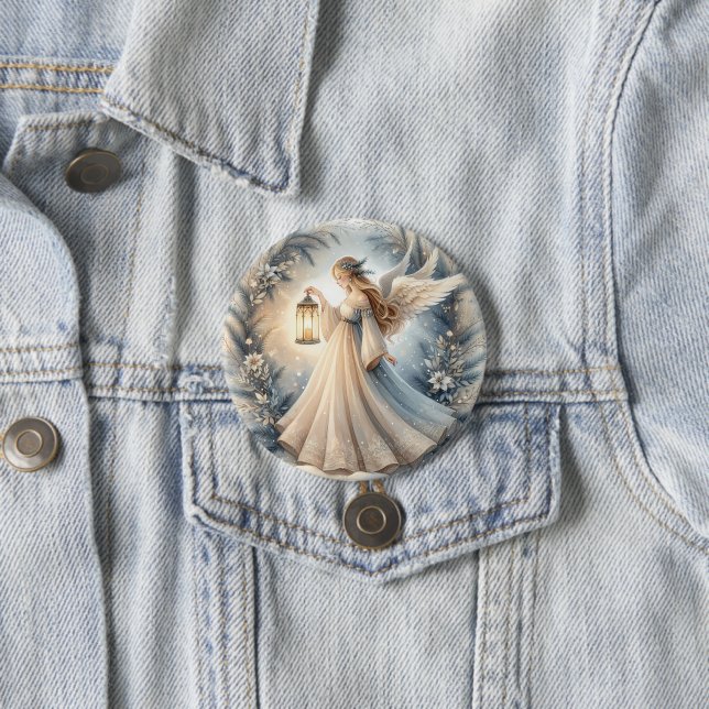 Celestial Winter Angel Lantern of Peace 7.5 Cm Round Badge (In Situ)
