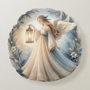 Celestial Winter Angel Lantern of Peace Round Cushion