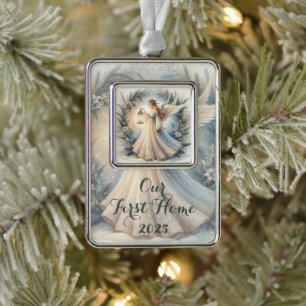 Celestial Winter Angel Lantern of Peace Silver Plated Framed Ornament
