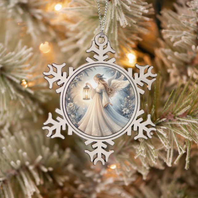 Celestial Winter Angel Lantern of Peace Snowflake Pewter Christmas Ornament (Tree)