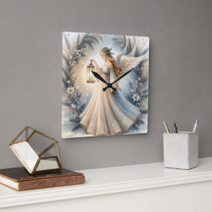 Celestial Winter Angel Lantern of Peace Square Wall Clock