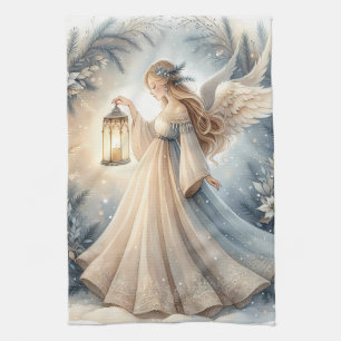Celestial Winter Angel Lantern of Peace Tea Towel