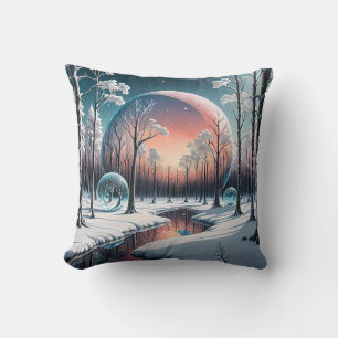 Celestial Winter Dream: Surreal Snowy Forest Cushion