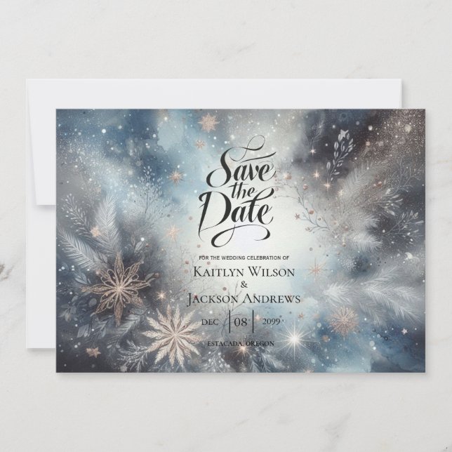 Celestial Winter Midnight Sparkle Wedding Save The Date (Front)