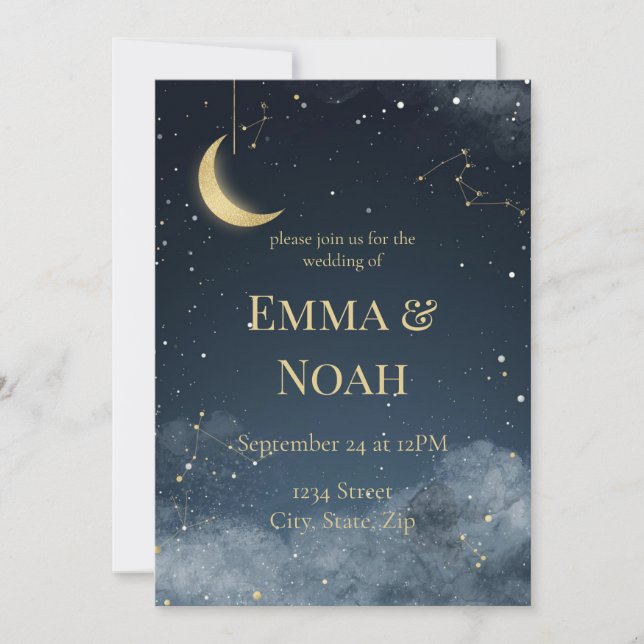 Celestial Winter Wedding Invitation | Navy & Gold (Front)