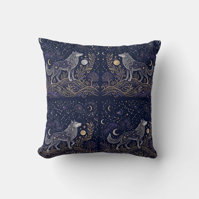 Celestial Wolf Stars Throw Pillow (Front)