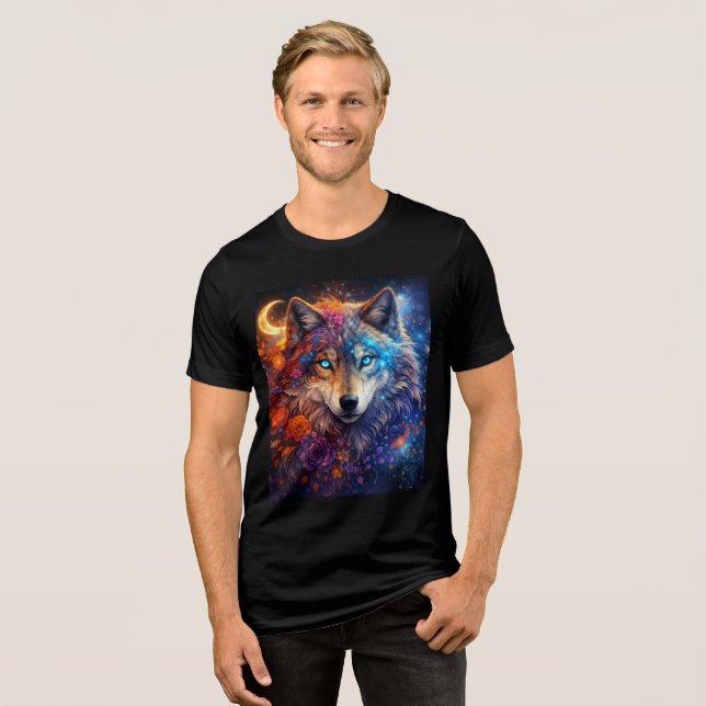 Celestial Wolf with Flowers and Crescent Moon Tri-Blend Shirt (Front Full)
