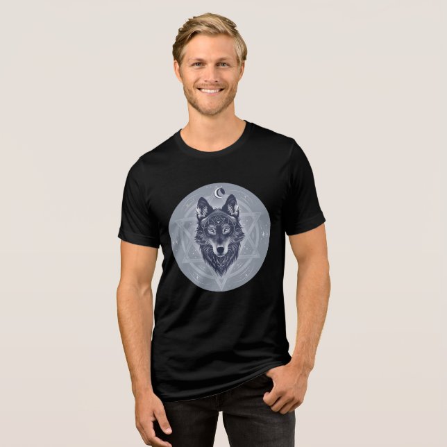 Celestial Wolf with Sacred Geometry Tri-Blend Shirt (Front Full)