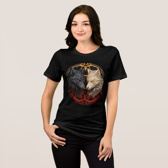 Celestial Wolves – Gold & Fire Spirit Design Tri-Blend Shirt (Front Full)