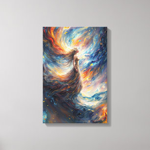 Celestial Woman in Fiery Cosmos Art Canvas Print