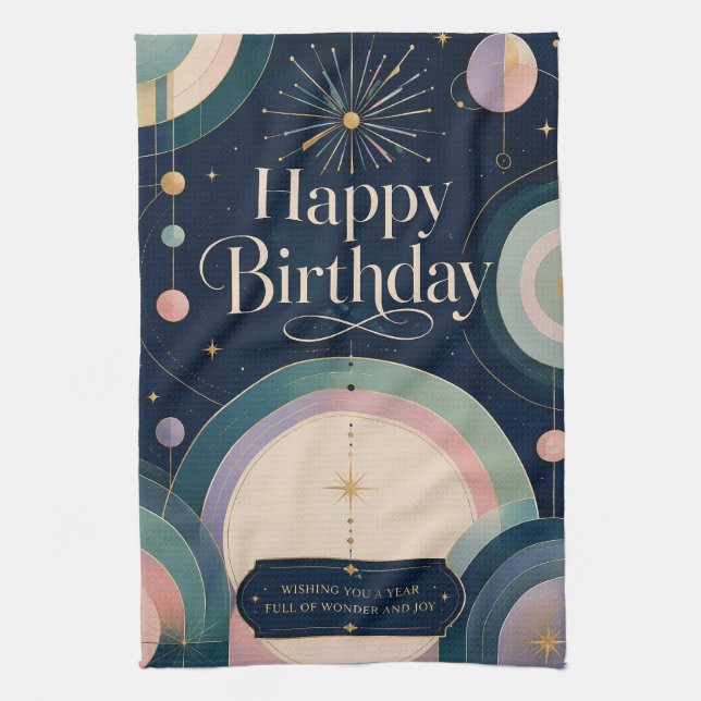 Celestial Wonder Birthday Greeting Tea Towel (Vertical)
