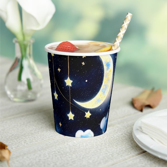 Celestial Wonders: Moon and Stars Boy Baby Shower Paper Cups (Insitu)