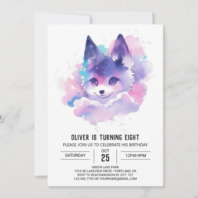 Celestial Woodland Wolf Birthday Invitation (Front)