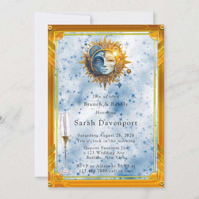 Celestial Yellow Blue Sun Moon Brunch & Bubbly Invitation (Front)