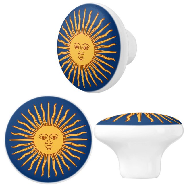 Celestial Yellow Sunshine Face on Blue Elegant Ceramic Knob (Celestial sunburst ceramic furniture, cupboard or drawer pull knobs will add style and warmth!)
