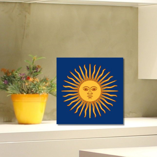 Celestial Yellow Sunshine Face on Blue Stylish Tile (Add the charm and warmth of the sun to your tiled space!)