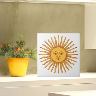Celestial Yellow Sunshine Face on White Stylish Tile