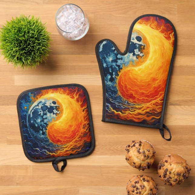 Celestial Yin Yang Art Oven Mitt & Pot Holder Set (Top Down)