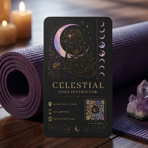Celestial Yoga Instructor Luxury Black Gold QR Business Card