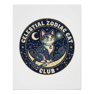 Celestial Zodiac Cat Cute Cat T-Shirt Design - Cel Poster