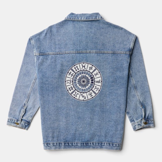 Celestial Zodiac Signs Wheel Mandala Graphic Art Denim Jacket (Back)