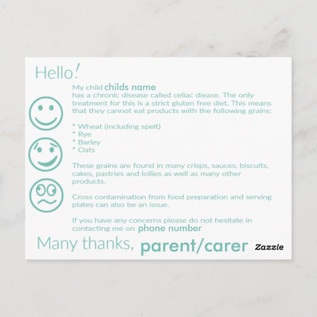 Celiac information card (Back)