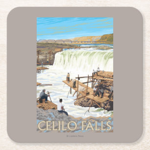 Celilo Falls Fishing Vintage Travel Poster Square Paper Coaster