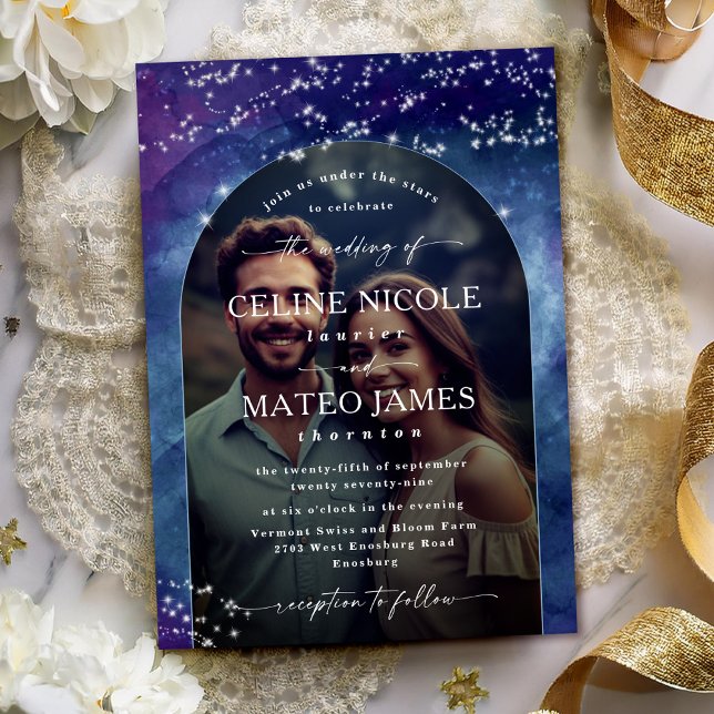 Celine • Celestial Night Sky Arched Photo Wedding Invitation (Capture your love with the Celine photo wedding invite, with a custom monogram on the back.)