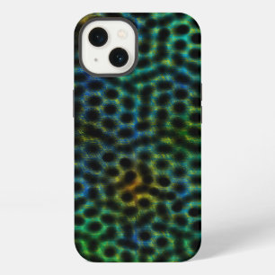 Cell phone case, green with circle and shapes. iPhone 13 case