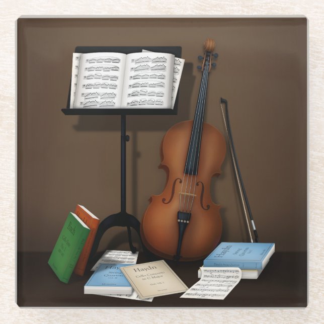 Cello Amid Music Books & Scores Classical Music Glass Coaster (Front)