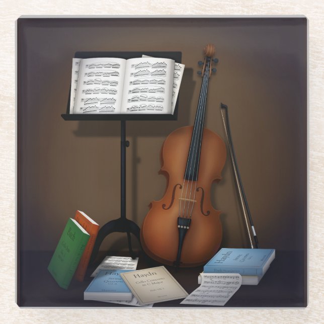 Cello & Music Stand Charming Miniature Scene Glass Coaster (Front)